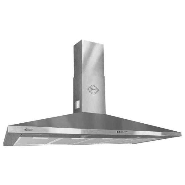 Gurari Wandhaube aus Edelstahl mit Kamin und frontseitigen Bedientasten.