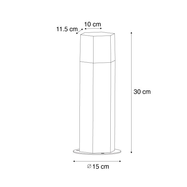 Skizze einer sechseckigen Außenleuchte mit Maßen: Höhe 30 Zentimeter, Standfuß Durchmesser 15 Zentimeter, Kopf 10 mal 11,5 Zentimeter.