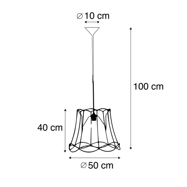 Pendelleuchte Maße: Gesamthöhe 100 Zentimeter, Schirmhöhe 40 Zentimeter, Schirmdurchmesser 50 Zentimeter, Baldachindurchmesser 10 Zentimeter.