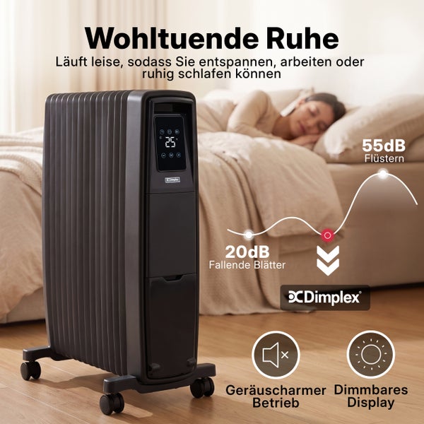 Mobiler Dimplex Ölradiator mit leisem Betrieb, digitalem Display und rollbarem Design im Schlafzimmer für angenehme Wärme.