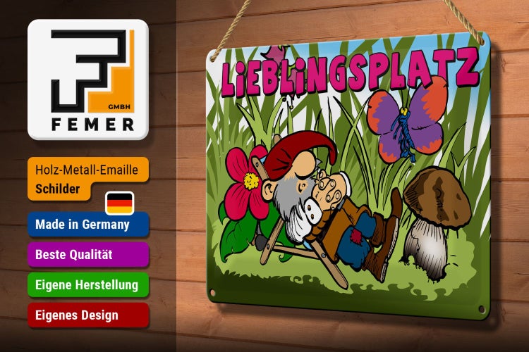 Blechschild Spruch 30x20cm Lieblingsplatz Zwerg im Garten