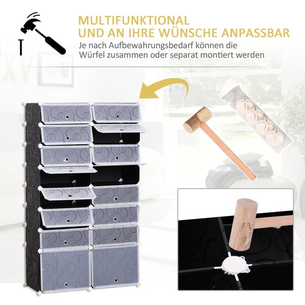 HOMCOM Schuhschrank DIY Schuhregal Garderobe Regalsystem Steckregal Garderobenschrank 16 Fächer aus PP Schwarz + Weiß 95 x 37 x 160 cm