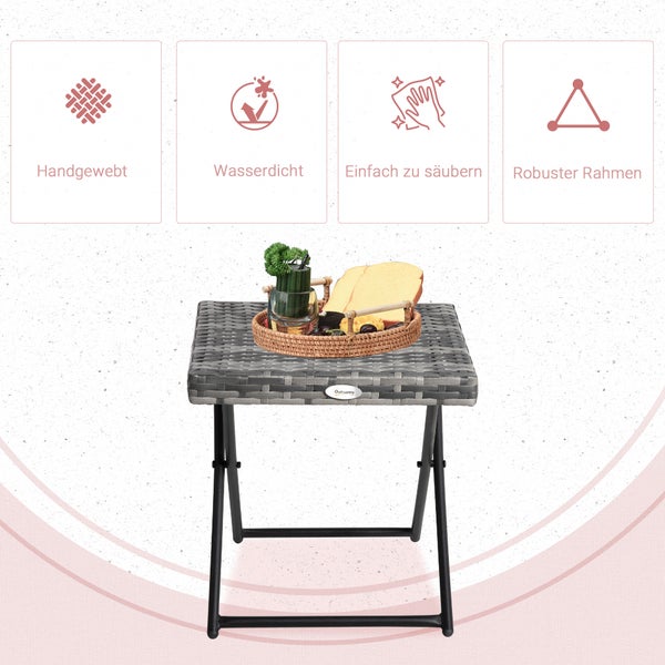 Outsunny Beistelltisch aus Polyrattan klappbar Kaffeetisch Couchtisch Tablett Balkontisch Gartentisch Sofatisch Teetisch Gartenmöbel Rattantisch für Garten Terrasse Balkon, 40x40x40cm Graul