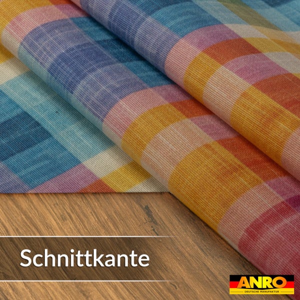 Tischdecke mit Karomuster als Meterware mit Schnittkante, ANRO Logo.