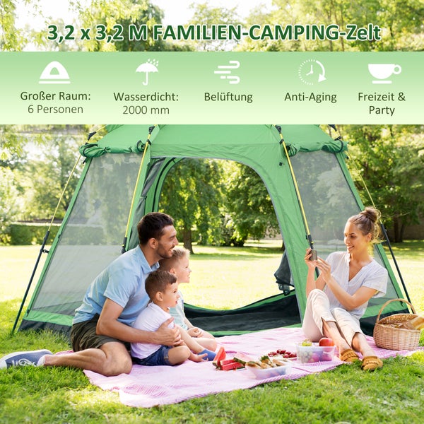 Outsunny Campingzelt, für 6 Personen,  320 x 320 x 180 cm, Stahl, Glasfaser, Grün