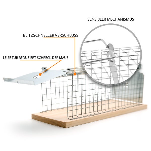 Lebendfalle für Mäuse aus Holz und Metall