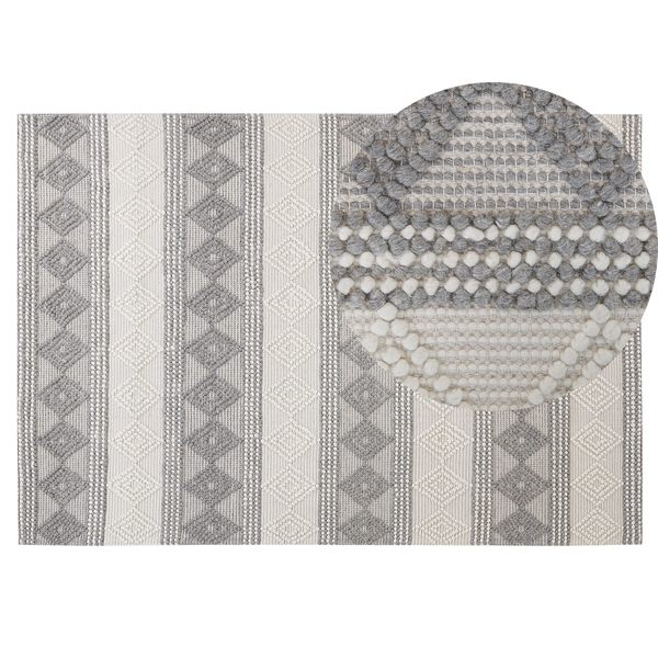 Flachgewebter Teppich mit Streifen, Rautenmuster und Noppenstruktur sowie Detailansicht der Textur.