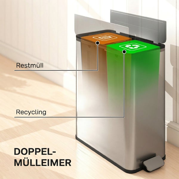 Doppel-Mülleimer aus Edelstahl mit Tretmechanismus und zwei getrennten Inneneimern für Restmüll und Recycling.
