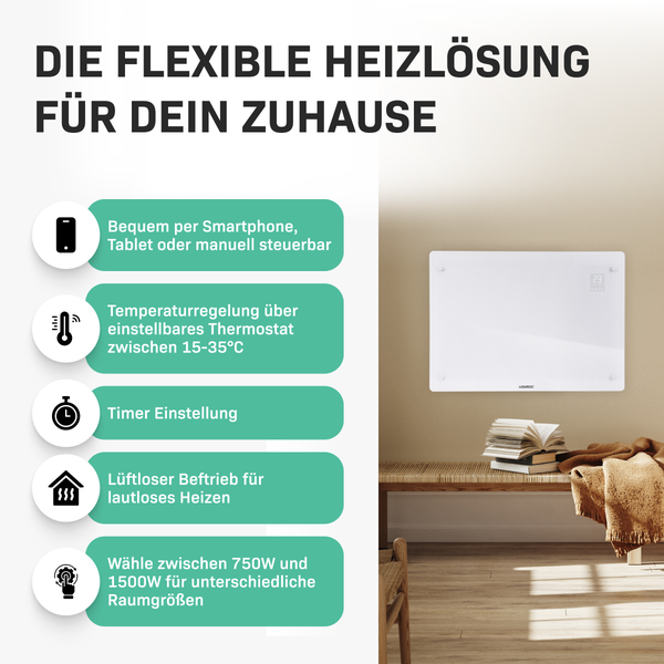 Flexible Heizlösung für Zuhause mit Smartphone, Tablet oder manueller Steuerung, einstellbarem Thermostat, Timer, geräuschlosem Betrieb und wählbaren 750 Watt oder 1500 Watt für verschiedene Raumgrößen.