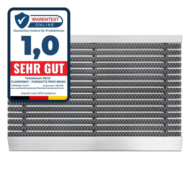 FLOORDIREKT Fußmatte - Profi Brush - Schmutzfangmatte mit Alu-Rahmen - Grau - 60 x 90 cm
