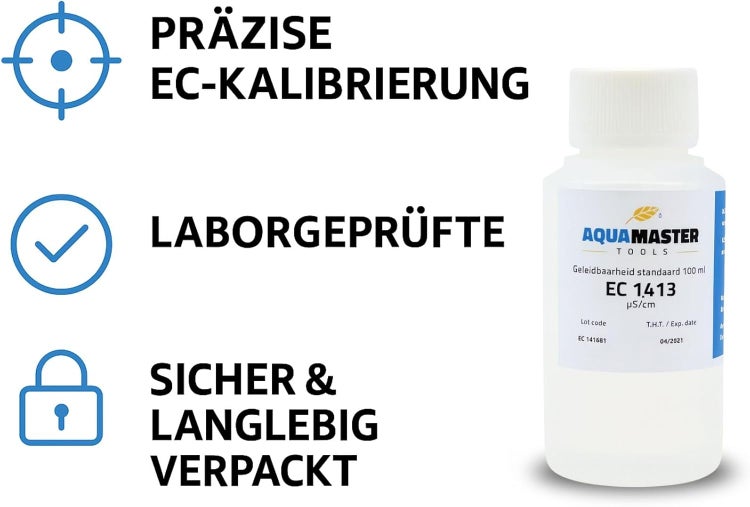 Aqua Master Tools Kalibrierflüssigkeit elektrische Leitfähigkeit 1413 Mikrosiemens pro Zentimeter, 100 Milliliter, laborgeprüft, sicher verpackt.