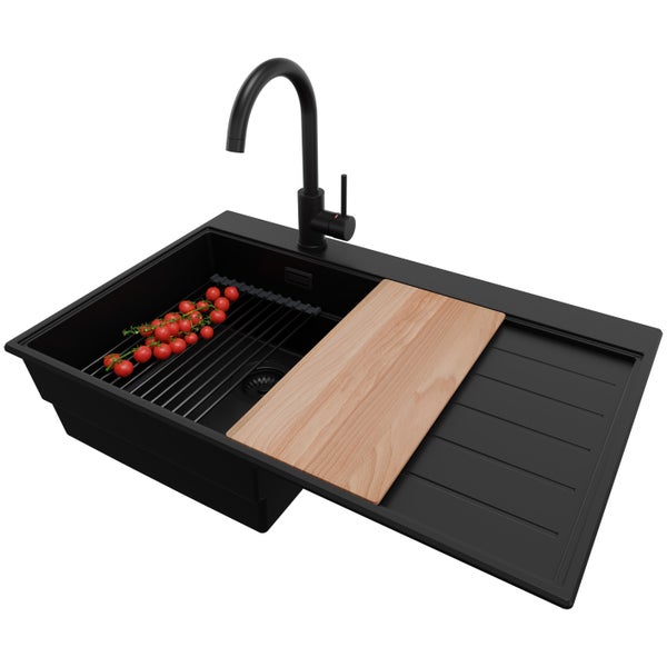 PRIMAGRAN Granitspüle Alles Schwarz 78x50cm, Spülbecken 1 Becken + Küchenarmatur 32x20cm + Ablauf-Set + Küchenzubehörset, Küchenspüle ab 45er Unterschrank - Sydney