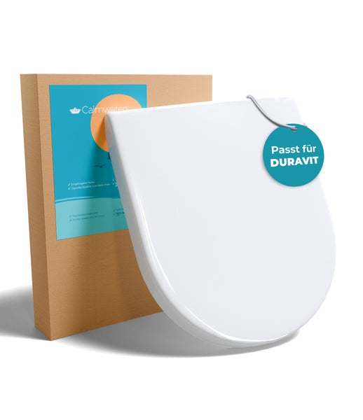 Calmwaters WC Sitz passend für Duravit Toiletten in Kartonverpackung mit Produktetikett.