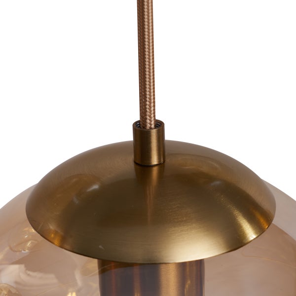 Art-Deco-Hängelampe Messing mit ovaler Deckenplatte und bernsteinfarbenem Glas 6-flammig - Douglass
