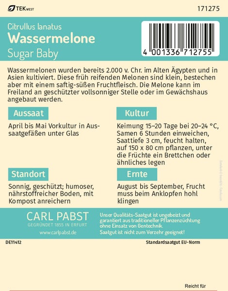 Rückseite der Samentüte für Wassermelone Sugar Baby von Carl Pabst mit Anbauhinweisen zu Aussaat, Kultur, Standort und Ernte. Carl Pabst Logo.