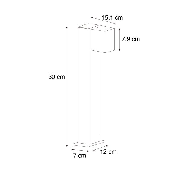 Technische Zeichnung einer Außen-Sockelleuchte mit Maßen: Höhe 30 Zentimeter, Tiefe 15,1 Zentimeter und Sockelbreite 12 Zentimeter.