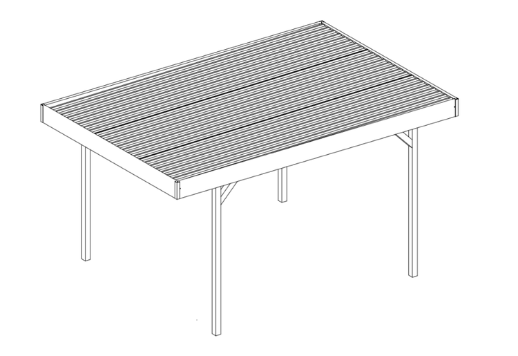 Strichzeichnung eines freistehenden Carports mit vier Pfosten und Flachdach.