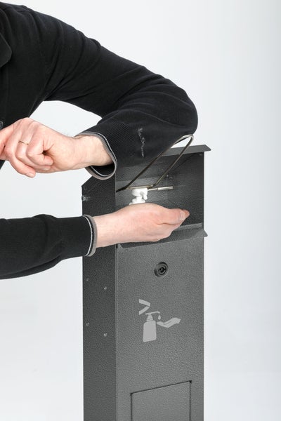 PROREGAL Robuster Handdesinfektionsspender Mit Abfallsammler Bodenmontage HxBxT 115 x 33,5 x 33,5 cm Verzinkter Stahl Grau