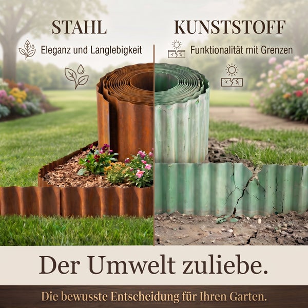 Vergleich zwischen einer Beetbegrenzung aus Stahl und einer Beetbegrenzung aus Kunststoff im Garten zur Veranschaulichung der Langlebigkeit.