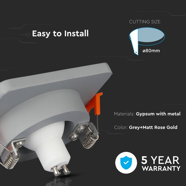 Einbaustrahler aus Gips und Metall mit 80 Millimeter Lochausschnitt und 5 Jahren Garantie.