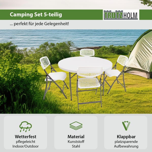 Fünfteiliges Camping Sitzset mit klappbarem runden Tisch und vier Klappstühlen für den Innen und Außenbereich aus Kunststoff und Stahl von Trutzholm.