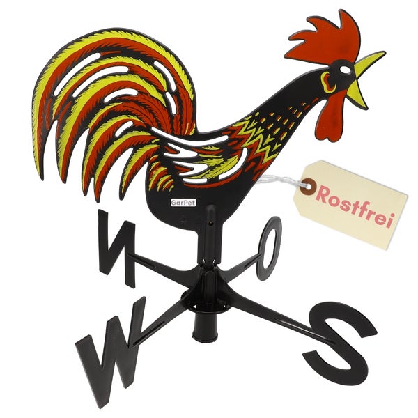 Wetterfahne mit Hahn-Motiv und Himmelsrichtungen, rostfrei