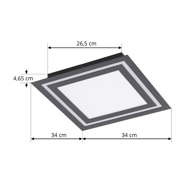 Quadratische LED-Deckenleuchte in Schwarz: Breite 34 Zentimeter, Länge 34 Zentimeter, Höhe 4,65 Zentimeter, Sockel 26,5 Zentimeter.