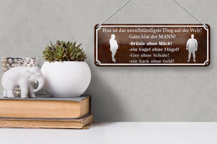 Blechschild Spruch 27x10cm MANN Brüste ohne Milch Eier ohne Dekoration