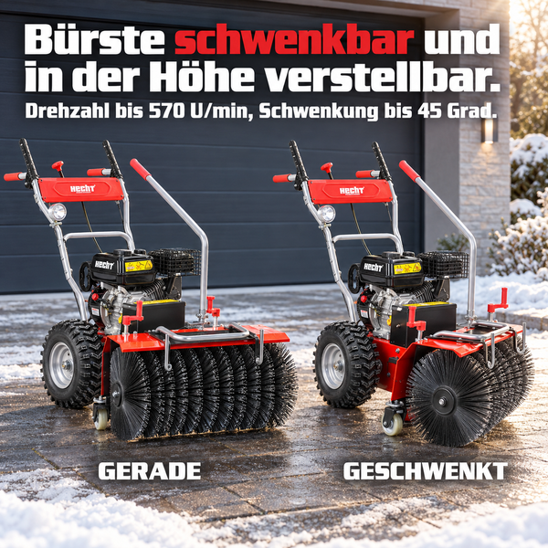 Zwei Hecht Kehrmaschinen mit schwenkbarer und höhenverstellbarer Bürste auf einer verschneiten Einfahrt.