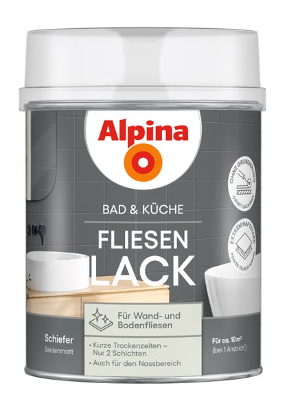 Alpina Bad und Küche Fliesenlack seidenmatt im Farbton Schiefer für Wandfliesen und Bodenfliesen.