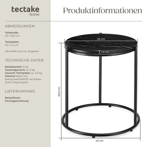 Tectake Beistelltisch, schwarze Marmor-Optik, Metallgestell, 43 mal 50,5 Zentimeter, Belastbarkeit 12 Kilogramm.