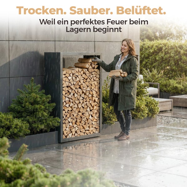 Frau stapelt Brennholz in ein modernes Kaminholzregal aus Metall auf einer regennassen Terrasse neben Pflanzen.