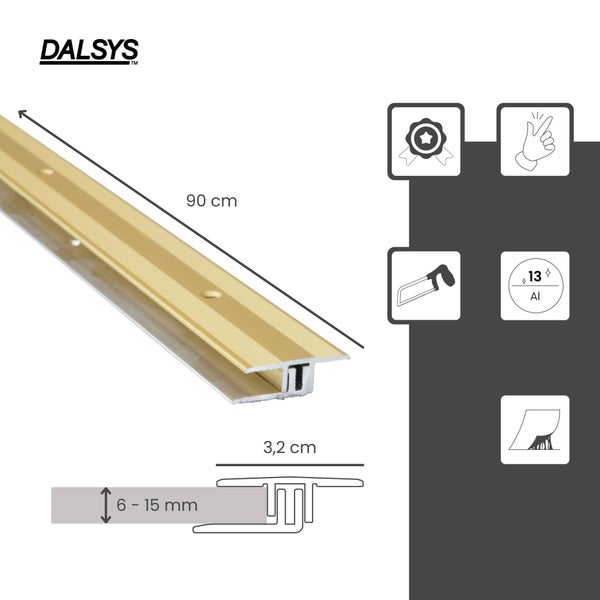 DALSYS Logo. Übergangsprofil aus Aluminium, 90 Zentimeter lang, 3,2 Zentimeter breit, für Höhenunterschiede von 6 bis 15 Millimeter.
