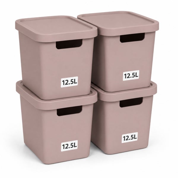 Set aus vier stapelbaren Kunststoff Aufbewahrungsboxen mit Deckel und einem Fassungsvermögen von je 12,5 Litern