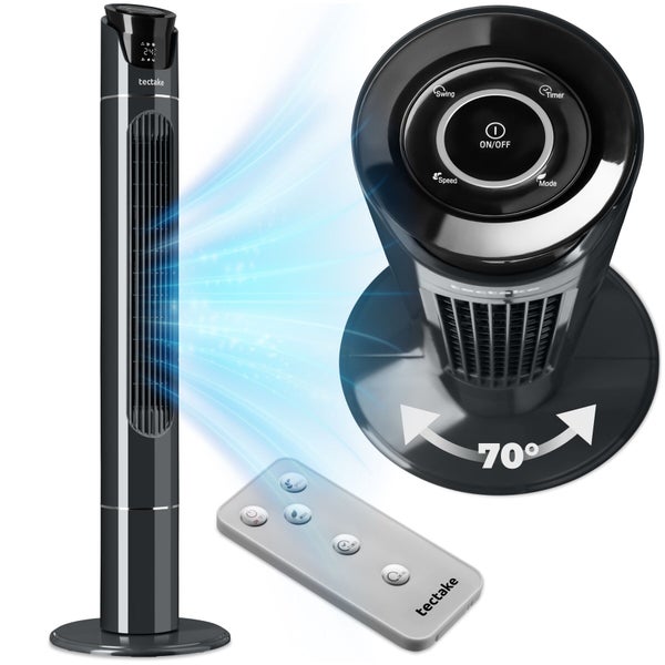 Schwarzer Turmventilator von tectake mit Fernbedienung, 70 Grad Oszillation, Timer und Touch Bedienfeld auf der Oberseite.