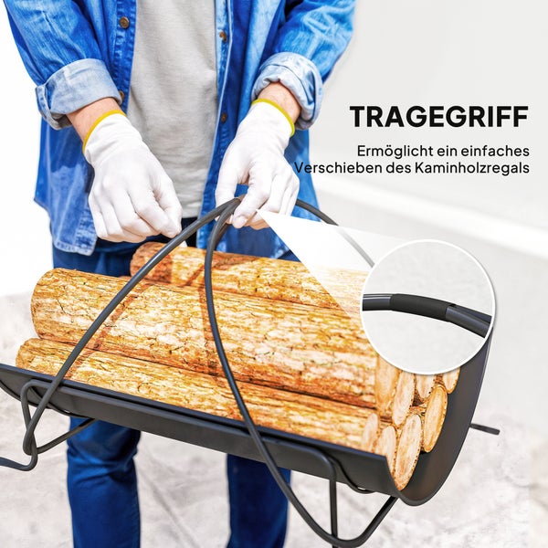 Person trägt ein Kaminholzregal mit Tragegriff, der das einfache Verschieben des Regals ermöglicht.