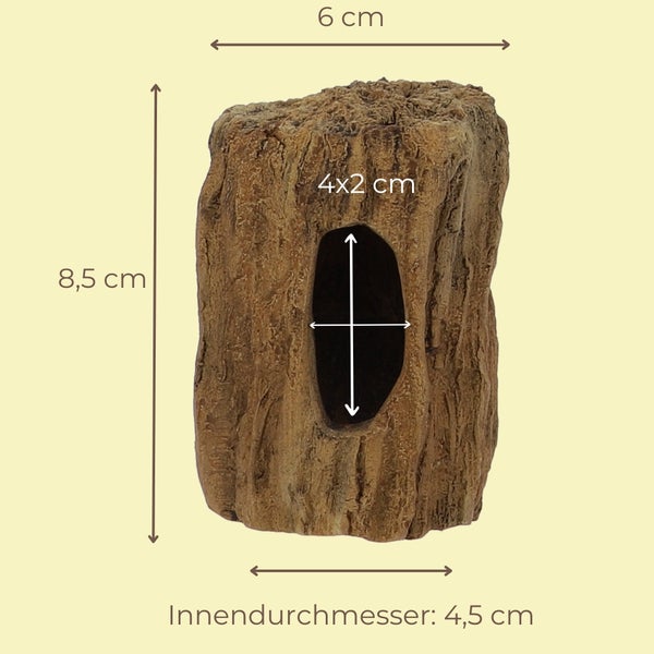 Aquariumdekoration Baumstamm, Höhe 8,5 Zentimeter, Breite 6 Zentimeter, Öffnung 4 mal 2 Zentimeter, Innendurchmesser 4,5 Zentimeter.