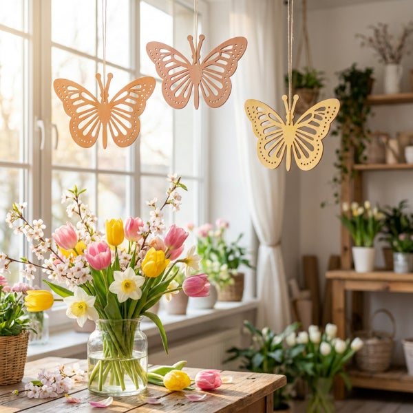 Drei hängende Schmetterlingsdekorationen aus Holz vor einem Fenster mit einer Vase voll Frühlingsblumen auf einem Holztisch.