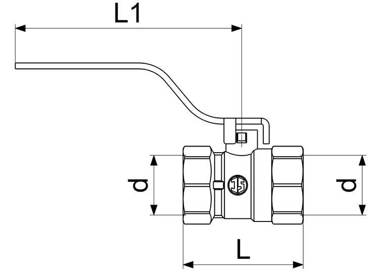 Technische Zeichnung eines Kugelhahns mit Hebelgriff mit den Maßangaben L, L1 und d.