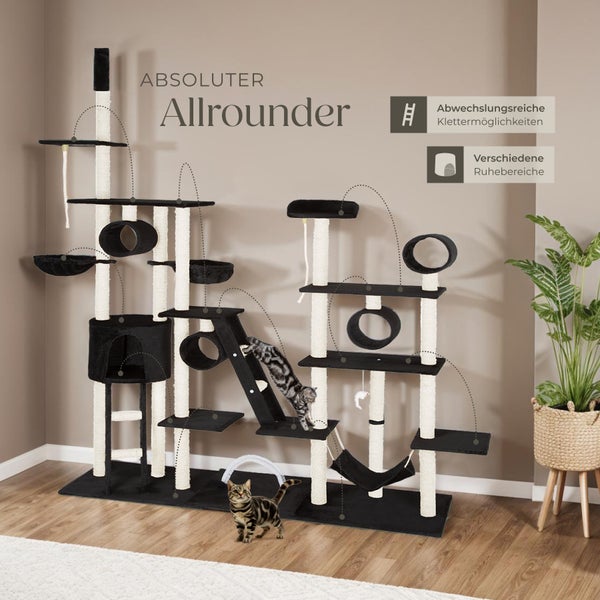 Kratzbaum tectake Snooky inklusive 2 Treppen, 2 Spielkordeln, Kratzbogen, Deckenspanner und Kippschutz 234 bis 261 cm schwarz