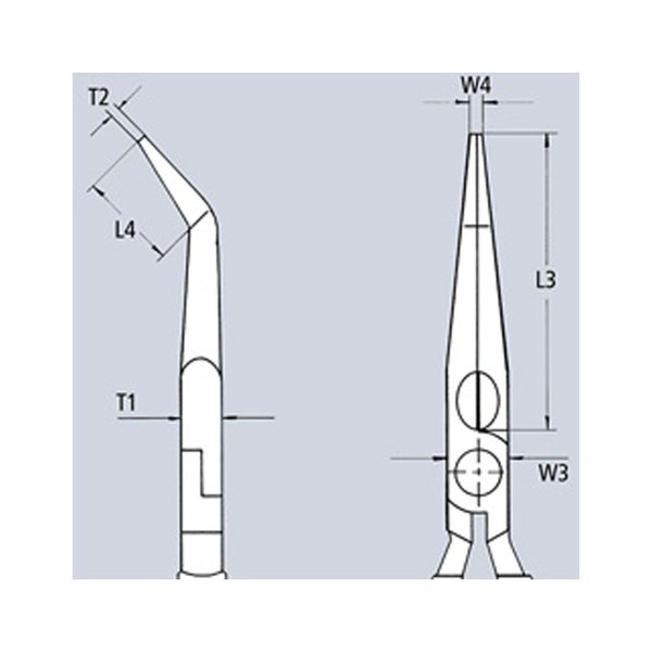Technische Zeichnung einer gebogenen Spitzzange mit Maßangaben
