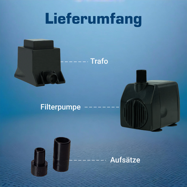 Lieferumfang einer Filterpumpe mit Transformator, Filterpumpe und Aufsätzen.