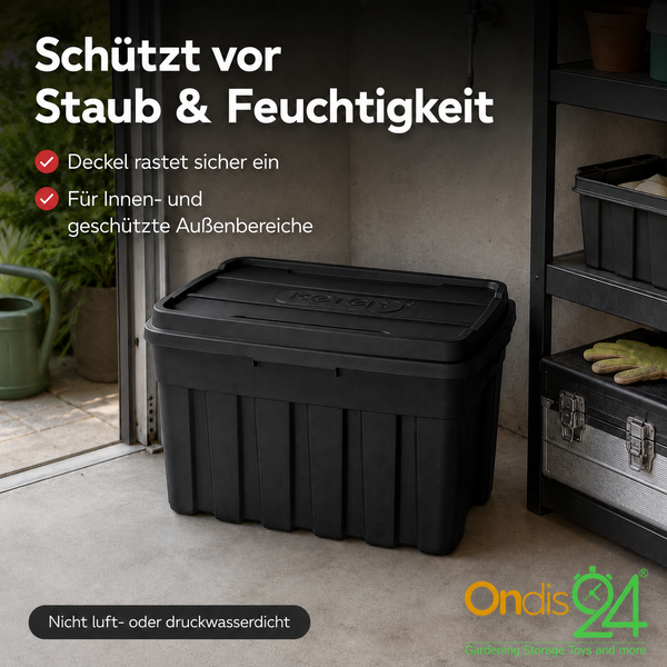 Schwarze Keter Kunststoffbox mit Deckel zum Schutz vor Staub und Feuchtigkeit, für Innen- und geschützte Außenbereiche. Ondis24 Logo.