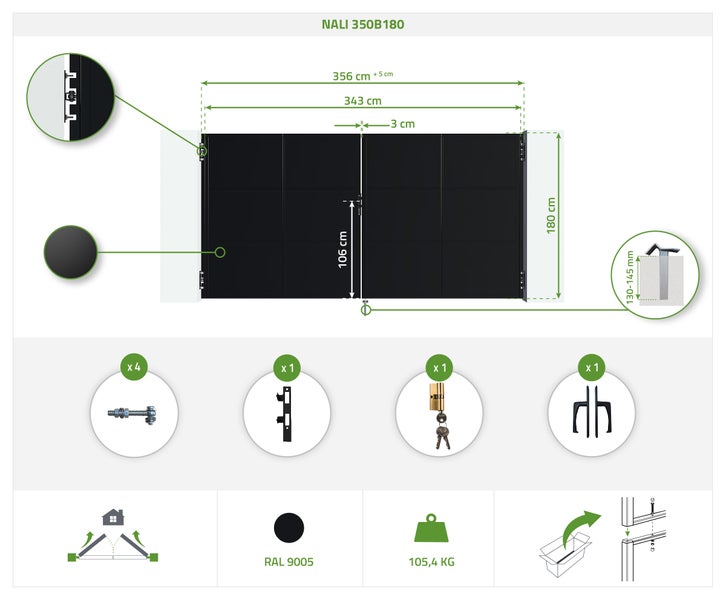 Technische Zeichnung NALI 350B180 mit Maßangaben und Zubehörinformationen