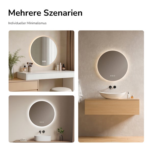 Runder LED-Spiegel mit indirekter Beleuchtung in verschiedenen minimalistischen Einrichtungsbeispielen wie Badezimmer und Ankleidezimmer.