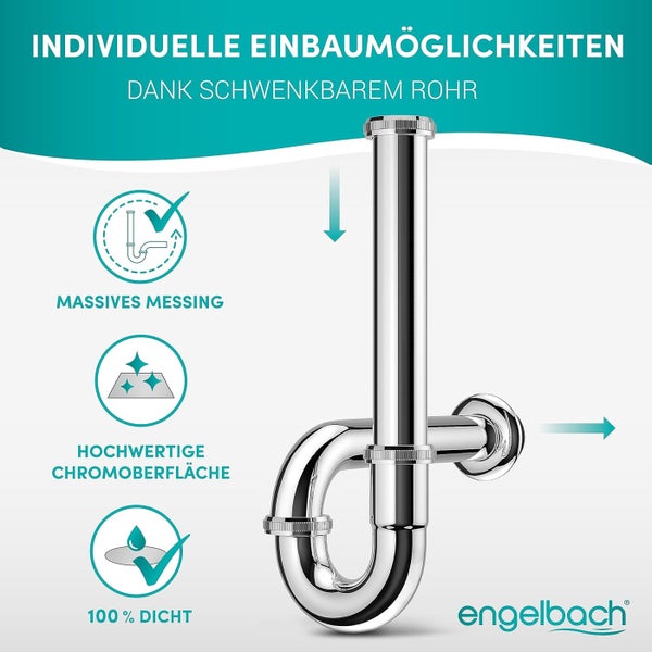 Engelbach® Siphon für Waschbecken - Extra Lang 200mm -  1 1/4 inkl. Gummimanschette mit Montage-Video
