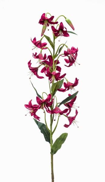 Künstliche Papageien-Tulpe mit gefransten pfirsichfarbenen Blütenblättern, grünem Stiel und grünen Blättern.