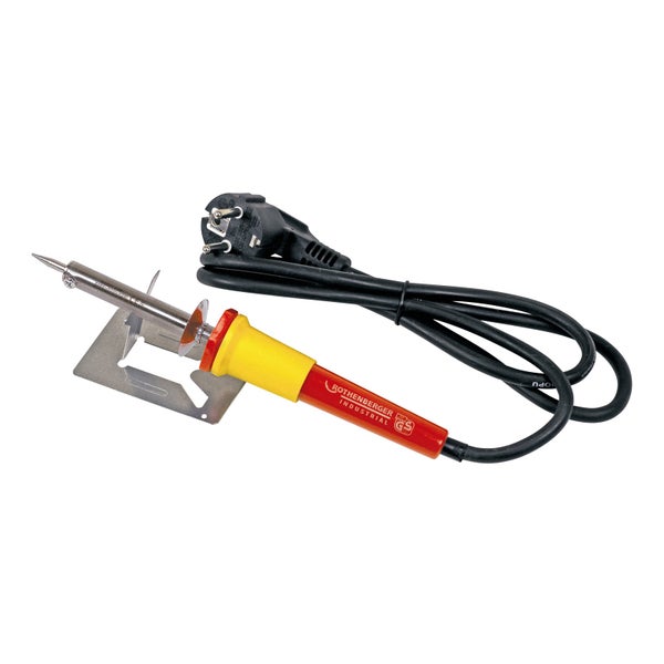 Rothenberger Industrial Lötkolben mit Handgriff, Netzkabel, Metallständer und Siegel für Geprüfte Sicherheit.