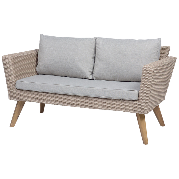 Zweisitzer Gartensofa aus Korbgeflecht mit Sitz- und Rückenkissen auf Holzbeinen für den Außenbereich