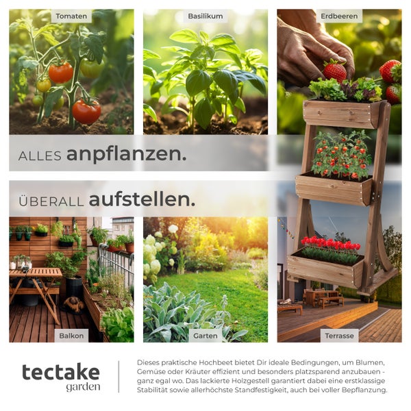 Mehrstufiges Hochbeet aus Holz für Balkon, Garten und Terrasse zum Anpflanzen von Gemüse, Kräutern und Blumen. tectake garden Logo.